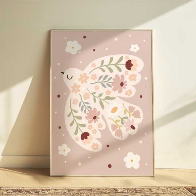 Peace Dove Poster, Wildflower Print, Pastel Flower Bird Girl Nursery Bedroom, Teen & Tween Art - image 1