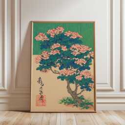 Green Blossom Tree Poster - Japanese Woodblock Floral Art Pink Flowers Nature Print - thumbnail 1