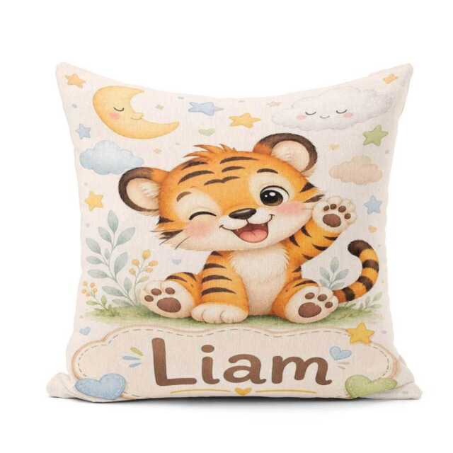 Cute Tiger Custom Name Square Filled Cushion Throw Pillow Sofa Bed Home Decor Zip Washable UK Made - image 1