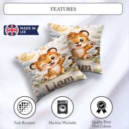 Cute Tiger Custom Name Square Filled Cushion Throw Pillow Sofa Bed Home Decor Zip Washable UK Made - thumbnail 2