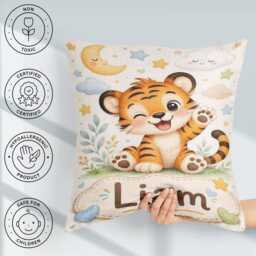 Cute Tiger Custom Name Square Filled Cushion Throw Pillow Sofa Bed Home Decor Zip Washable UK Made - thumbnail 3