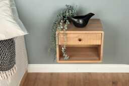 Floating Nightstand With Fluted Drawer & Open Shelf in Solid Oak - Modern