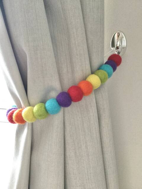 Rainbow Felt Ball Curtain Tie Back 100% Wool Pom Poms - image 1
