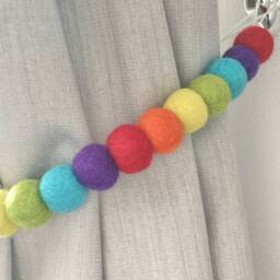 Rainbow Felt Ball Curtain Tie Back 100% Wool Pom Poms - thumbnail 3