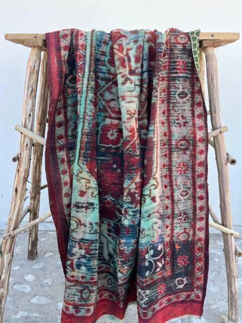 Handcrafted Reversible Cotton Kantha Quilt - Handmade Boho Bedspread With Traditional Indian Stitch Work - image 1