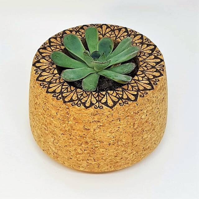 Cork Plant Holder Hand Burnt Natural Rustic Eco Friendy Wood Vegan Mandala Spiritual Gift Yoga Mindful Pyrography Indoor Succulent Cactus