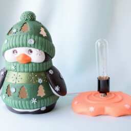 Ceramic Penguin Night Light Green Sweater Christmas Centerpiece - Winter Decor Gift For Mom - thumbnail 3