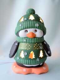 Ceramic Penguin Night Light Green Sweater Christmas Centerpiece - Winter Decor Gift For Mom - thumbnail 1