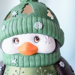 Ceramic Penguin Night Light Green Sweater Christmas Centerpiece - Winter Decor Gift For Mom - thumbnail 2