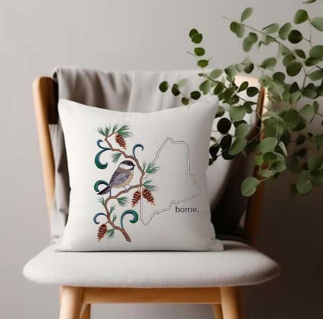 Maine Chickadee & Pinecone Medley. Embroidered With Feather Insert - image 1