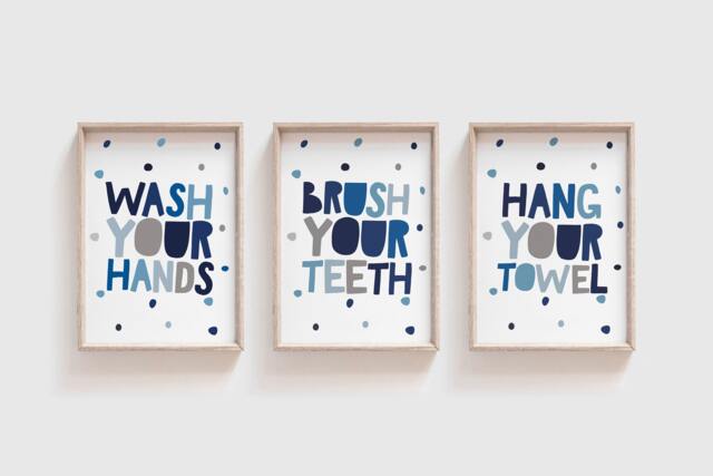 3 Kids Blue Bathroom Prints, Wash Your Hands Print, Decor, Signs, Wall Art, Art - image 1