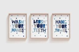 3 Kids Blue Bathroom Prints, Wash Your Hands Print, Decor, Signs, Wall Art, Art - thumbnail 1