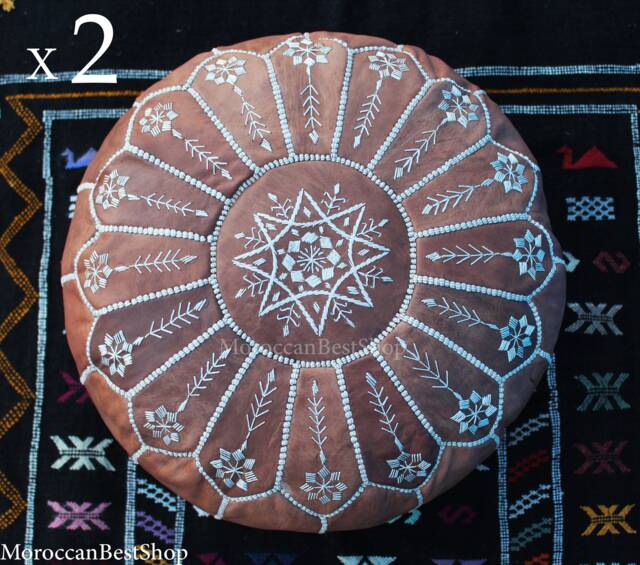Set Of 2 Moroccan Embroidered Leather Poufs, Boho Floor Cushion Ottoman - image 1