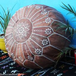 Set Of 2 Moroccan Embroidered Leather Poufs, Boho Floor Cushion Ottoman - thumbnail 2