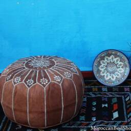 Set Of 2 Moroccan Embroidered Leather Poufs, Boho Floor Cushion Ottoman - thumbnail 4
