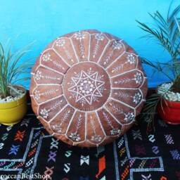 Set Of 2 Moroccan Embroidered Leather Poufs, Boho Floor Cushion Ottoman - thumbnail 3