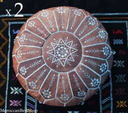 Set Of 2 Moroccan Embroidered Leather Poufs, Boho Floor Cushion Ottoman - thumbnail 1