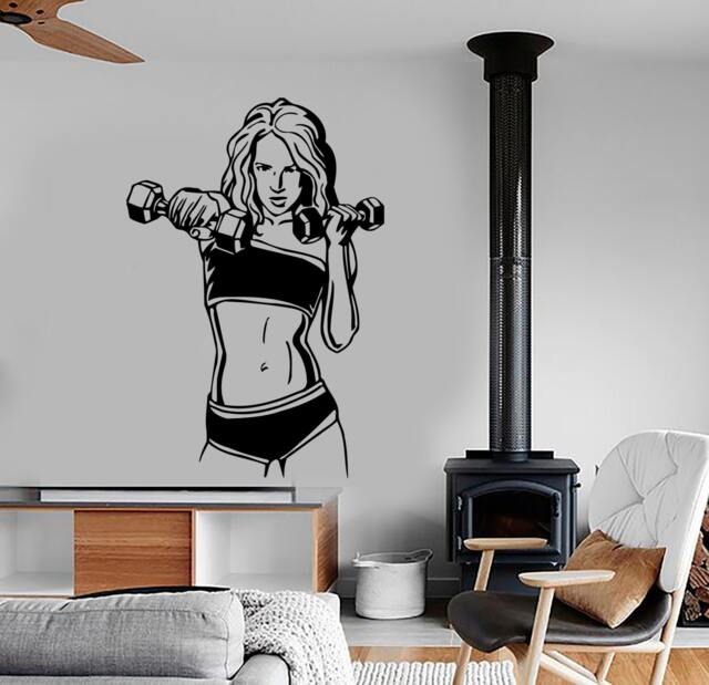 Wall Vinyl Decal Sport Fitness Girl's Work Out Routine Barbells Bodybuilding Gym Modern Home Decor - #1212Dz - image 1