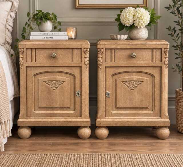 Pair Of Vintage Carved Oak Bedside Cabinets/Nightstands With White Marble Tops - image 1
