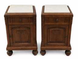 Pair Of French Bedside Tables With White Marble Tops