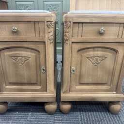 Pair Of Vintage Carved Oak Bedside Cabinets/Nightstands With White Marble Tops - thumbnail 3
