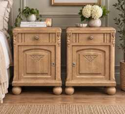 Pair Of Vintage Carved Oak Bedside Cabinets/Nightstands With White Marble Tops