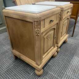 Pair Of Vintage Carved Oak Bedside Cabinets/Nightstands With White Marble Tops - thumbnail 4