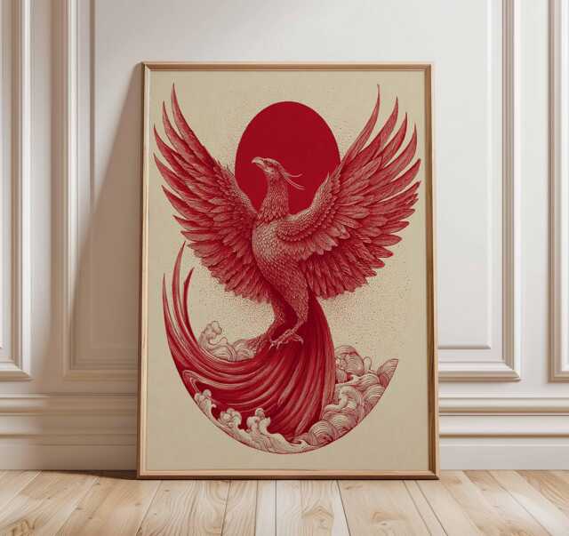 Red Phoenix Poster, Japanese Inspired Mythical Bird Wall Art, Rising ...