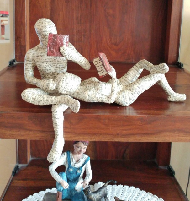 Paper Mache Sculpture, Reading Couple, Woman, Man, Booklover Gift, Art Deco, Ooak Sclpture - image 1