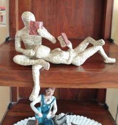 Paper Mache Sculpture, Reading Couple, Woman, Man, Booklover Gift, Art Deco, Ooak Sclpture