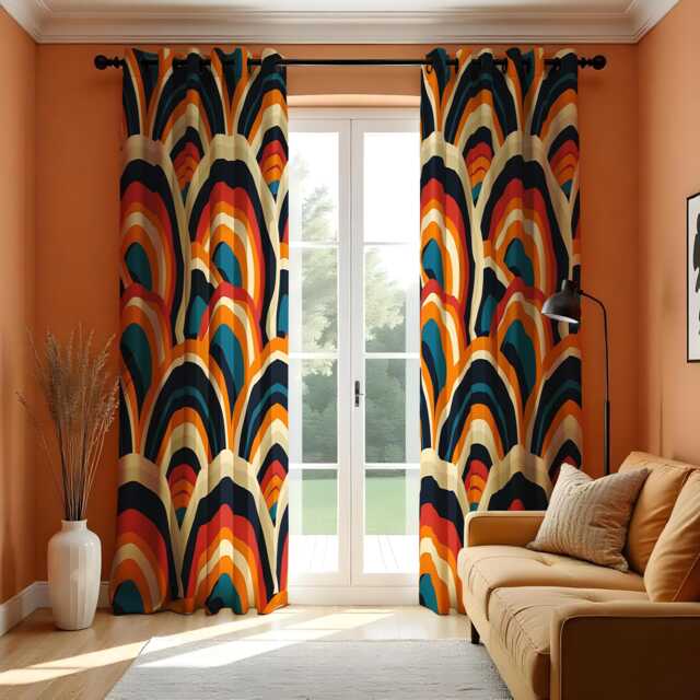 Retro Geometric Curtain, Multicolor Arcs Drape, Bold Living Room Or Bedroom Decor, Modern Window Treatment, Vibrant Home Accent - image 1