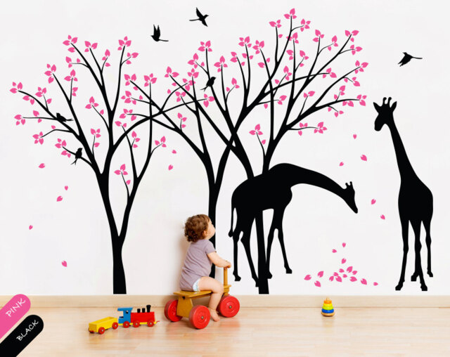 Nursery Tree Wall Decal With Giraffe, Birds & Leaves - Children's Room Decoration 046 - image 1