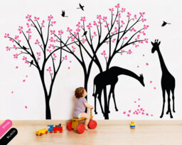 Nursery Tree Wall Decal With Giraffe, Birds & Leaves - Children's Room Decoration 046 - thumbnail 1