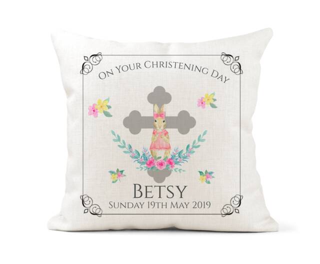 Personalised Cushion. Girls Peter Rabbit Christening Day Gift Keepsake. Baptism, Niece, God-Daughter, Daughter - image 1