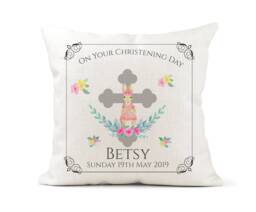 Personalised Cushion. Girls Peter Rabbit Christening Day Gift Keepsake. Baptism, Niece, God-Daughter, Daughter - thumbnail 1