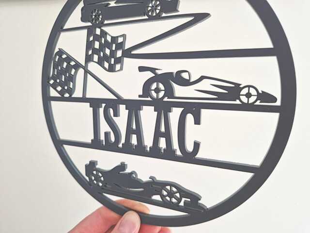 Racing Cars Name Sign For Kids Bedroom, Nursery Door Plaque, Vehicle Theme Baby Room Decor, Wood Transport Wall Art, Personalised Car Round - image 1