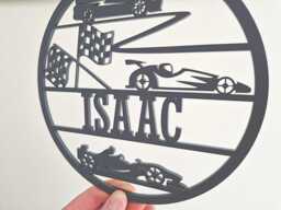Racing Cars Name Sign For Kids Bedroom, Nursery Door Plaque, Vehicle Theme Baby Room Decor, Wood Transport Wall Art, Personalised Car Round - thumbnail 1