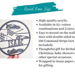 Racing Cars Name Sign For Kids Bedroom, Nursery Door Plaque, Vehicle Theme Baby Room Decor, Wood Transport Wall Art, Personalised Car Round - thumbnail 3