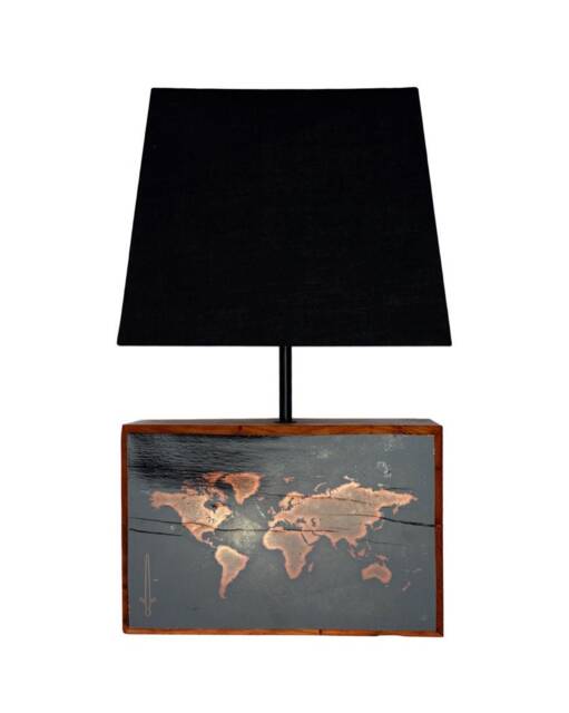 Teak Oak Block Hand Finished World Map Table Lamp With Black Shade - image 1