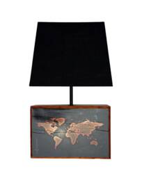 Teak Oak Block Hand Finished World Map Table Lamp With Black Shade