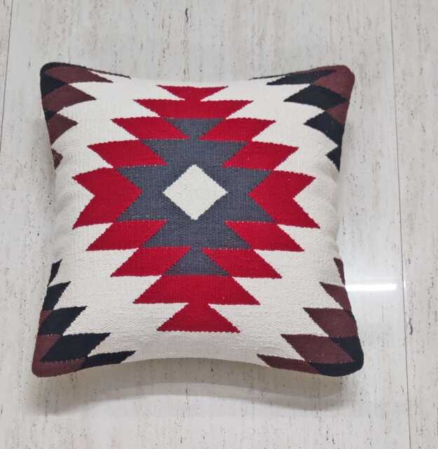 Boho Kilim Pillow Cover Hand-Loomed Cotton Cushion, Red & Gray - image 1