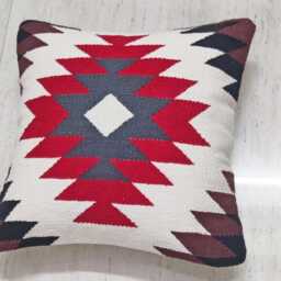 Boho Kilim Pillow Cover Hand-Loomed Cotton Cushion, Red & Gray - thumbnail 2