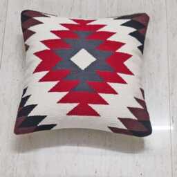 Boho Kilim Pillow Cover Hand-Loomed Cotton Cushion, Red & Gray - thumbnail 3
