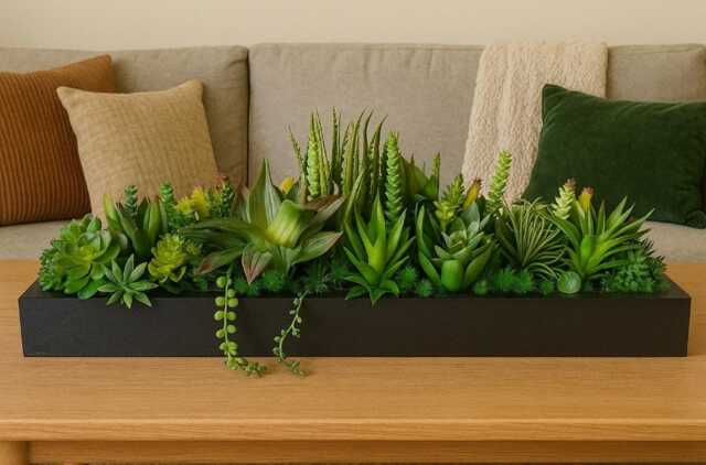 Faux Succulent Planter Artificial Foliage Wooden Centrepiece, Natural Modern Home Decor - image 1