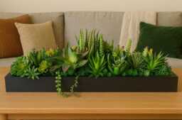 Faux Succulent Planter Artificial Foliage Wooden Centrepiece, Natural Modern Home Decor