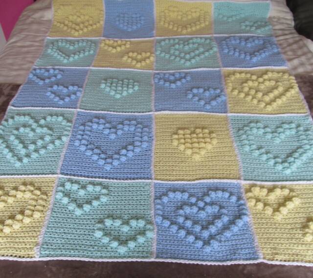 "Stunning Handmade Retro Vintage Style Blanket Wool Lemon Green Blue Heart Yellow Mint 159cm X 120cm 51"" 63" - image 1
