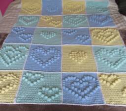 "Stunning Handmade Retro Vintage Style Blanket Wool Lemon Green Blue Heart Yellow Mint 159cm X 120cm 51"" 63" - thumbnail 1
