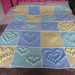 "Stunning Handmade Retro Vintage Style Blanket Wool Lemon Green Blue Heart Yellow Mint 159cm X 120cm 51"" 63" - thumbnail 3
