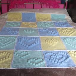 "Stunning Handmade Retro Vintage Style Blanket Wool Lemon Green Blue Heart Yellow Mint 159cm X 120cm 51"" 63" - thumbnail 2