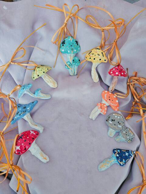 Mushroom Spirits Handmade Ceramic Mushrooms. Christmasmas Decoration Baubles. Pottery Gifts. Christmas Presents. Gold Details & Ribbons - image 1